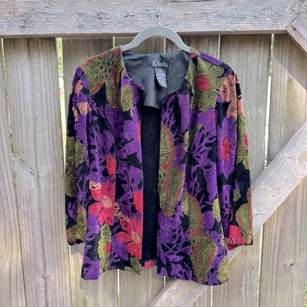 K. Studio Collection Satin Lined Corduroy Tapestry Funky Open Front Jacket